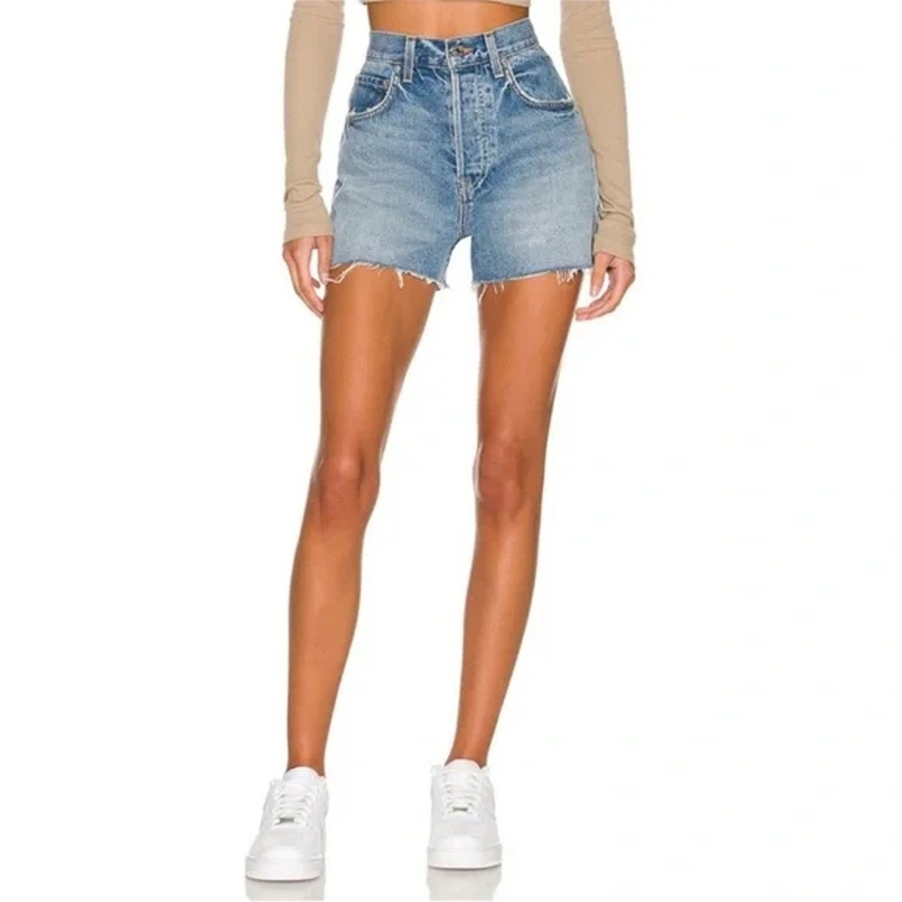 GRLFRND Helena 90's High Rise Cut Off Distressed Denim Shorts Light Wash Blue 24